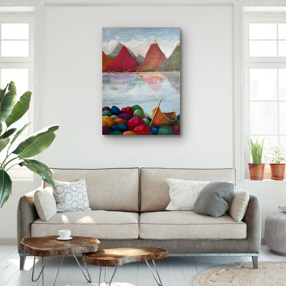 Båt på rullesteiner. Oljemaleri