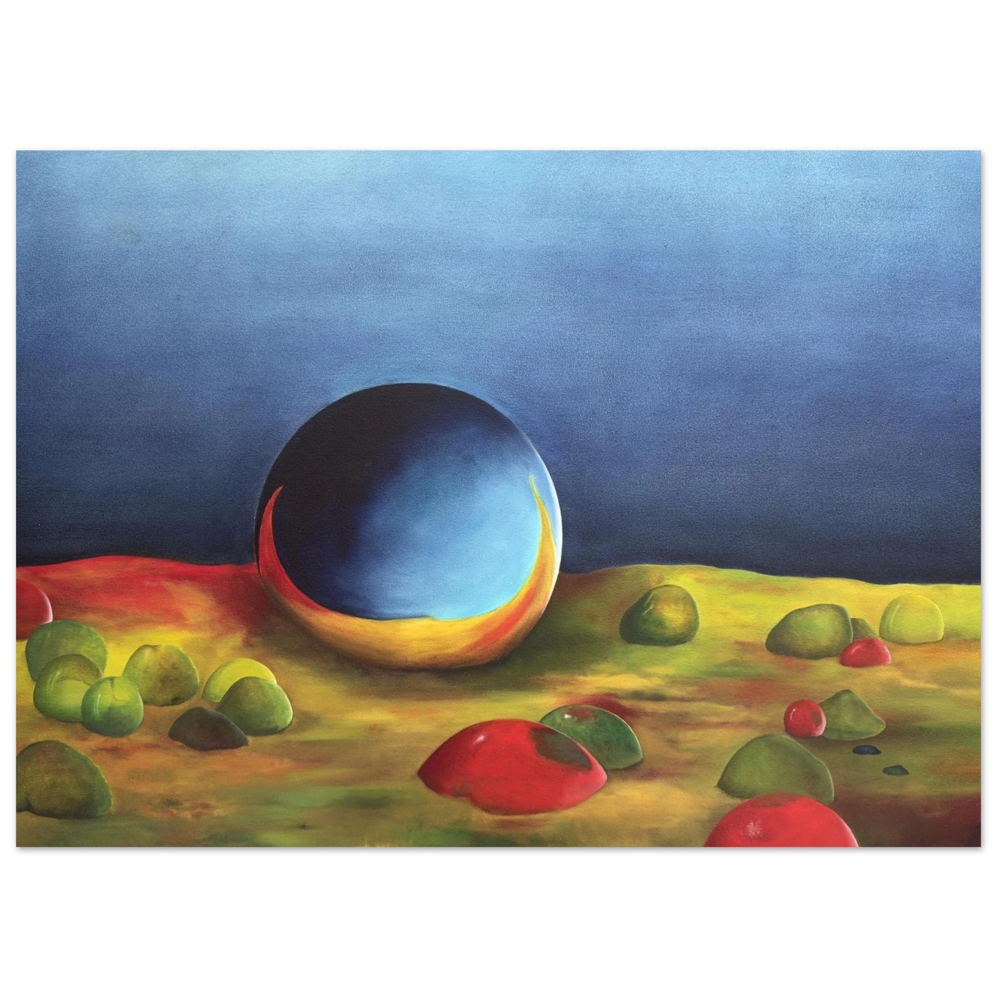Opprinnelse. Oilpainting, 80x100 cm. Blue, red, yellow and green colors.