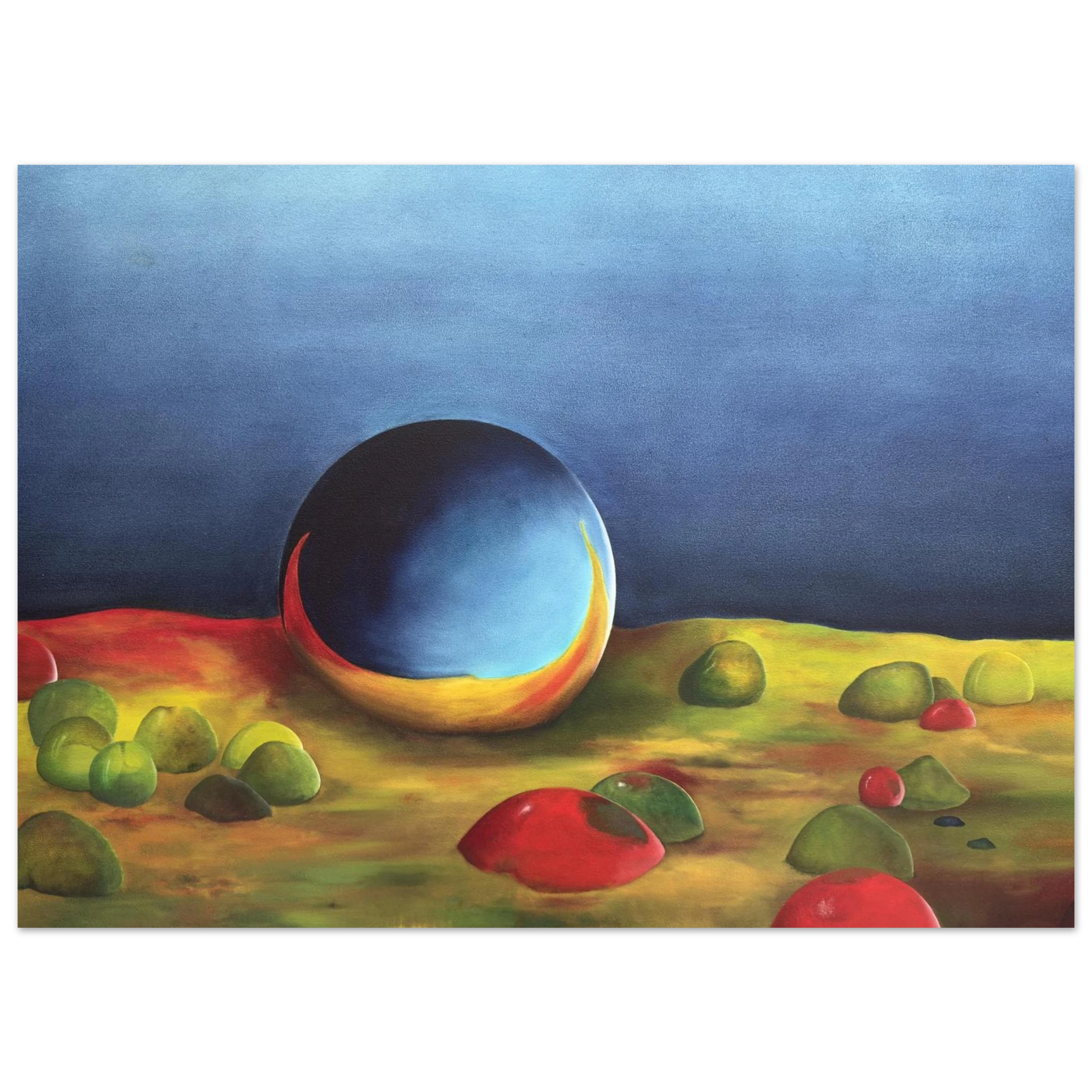 Opprinnelse. Oilpainting, 80x100 cm. Blue, red, yellow and green colors.