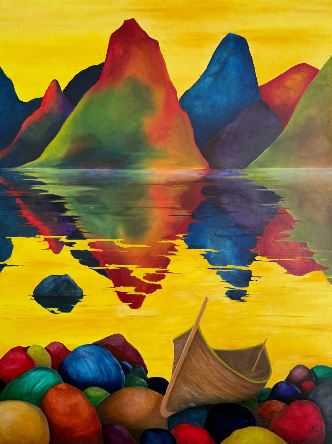 Båt ved fjorden – 160x120 cm, kystlandskap kulørte fjell og steiner og trebåt på stranden, i varme gule toner | ARTIGLIV