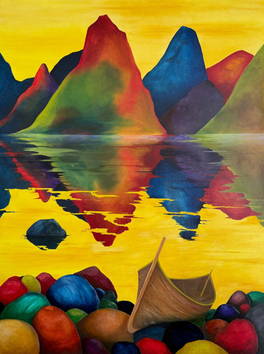 Båt ved fjorden – 160x120 cm, kystlandskap kulørte fjell og steiner og trebåt på stranden, i varme gule toner | ARTIGLIV