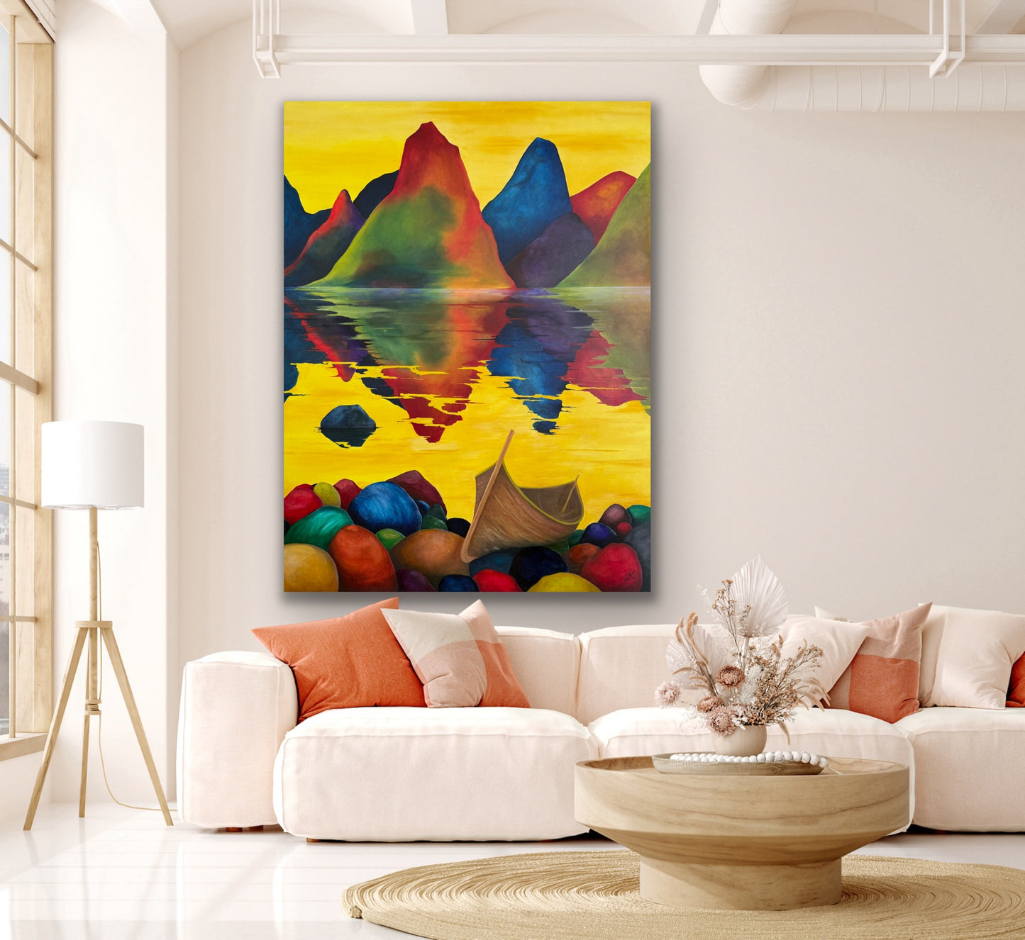 Båt ved fjorden – oljemaleri 160x120 cm i stue, lys vegg | ARTIGLIV