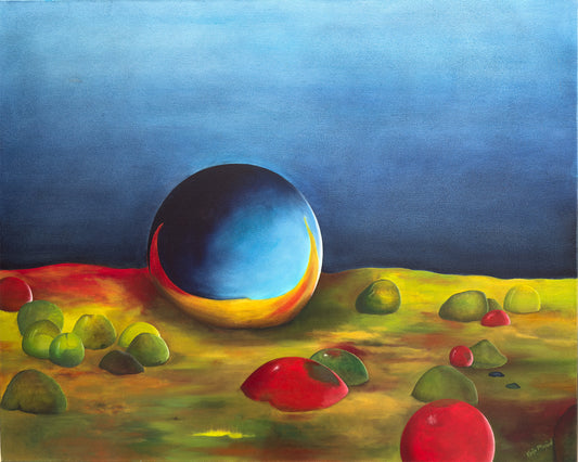 small glass balls in different colors grow up around a large round ball