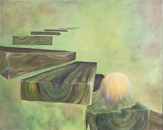 A wooden staircase in green surroundings leads up to the sky, on one step lies a hidden glass ball under a silk cloth